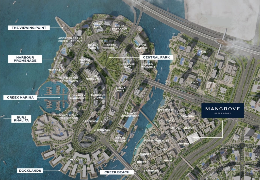 Dubai Creek Harbour masterplan (Emaar, from the Mangrove brochure): Creek Island with Central Park and Creek Marina, The Cove and Docklands to the south-west, and the Creek Beach district across the canal.