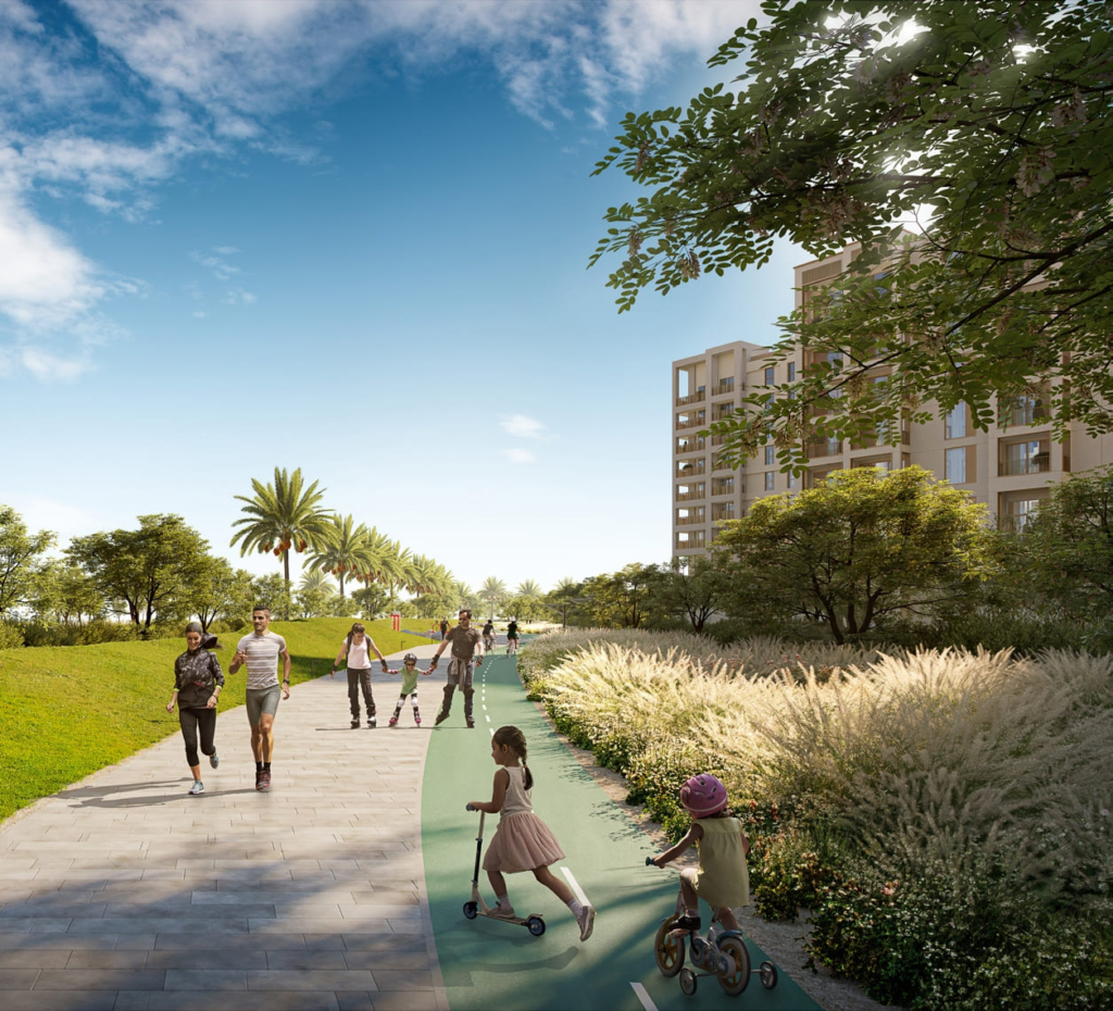 Landscaped cycling and walking paths run through the parks (render: Mangrove, Emaar).