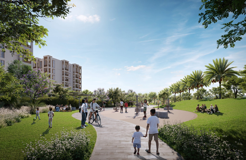 Parkland and pathways in the Creek Beach district (render: Mangrove, Emaar).