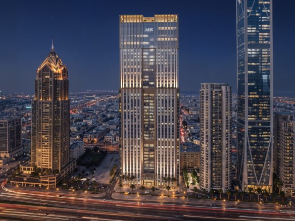 AHS Twin Towers Grade A offices on Sheikh Zayed Road at night
