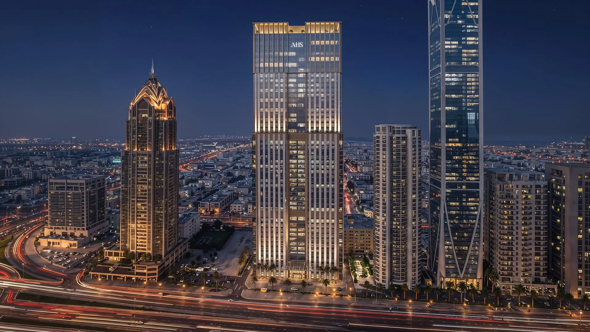Офисы AHS Twin Towers на Sheikh Zayed Road ночью