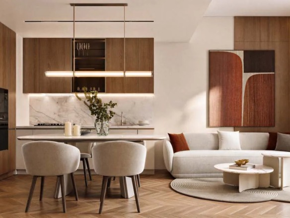 Living and kitchen area in a Holm Central apartment, Jumeirah Garden City