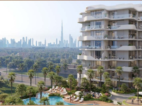 Holm Central twin towers above the podium pool with the Dubai skyline beyond