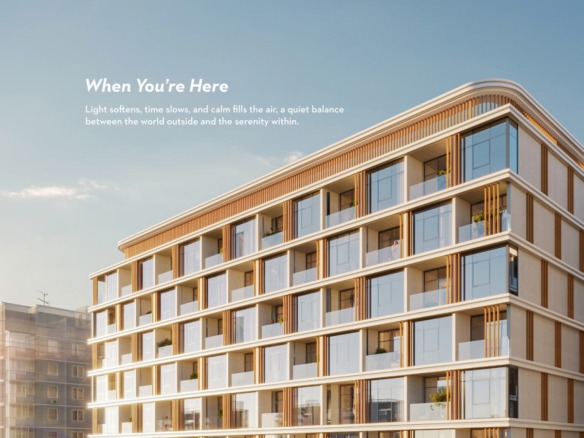 HOLM One facade at dusk in Jumeirah Garden City, Dubai