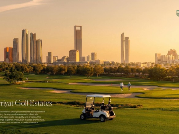 Hudayriyat Golf Estates fairways with the Abu Dhabi skyline beyond