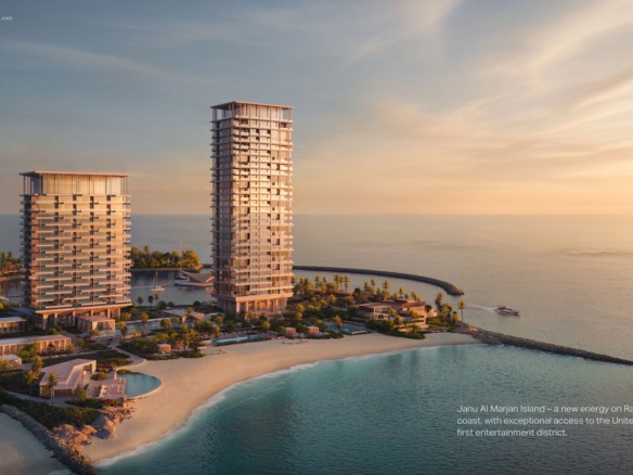 Janu Residences Al Marjan Island twin towers above the private beach at sunset