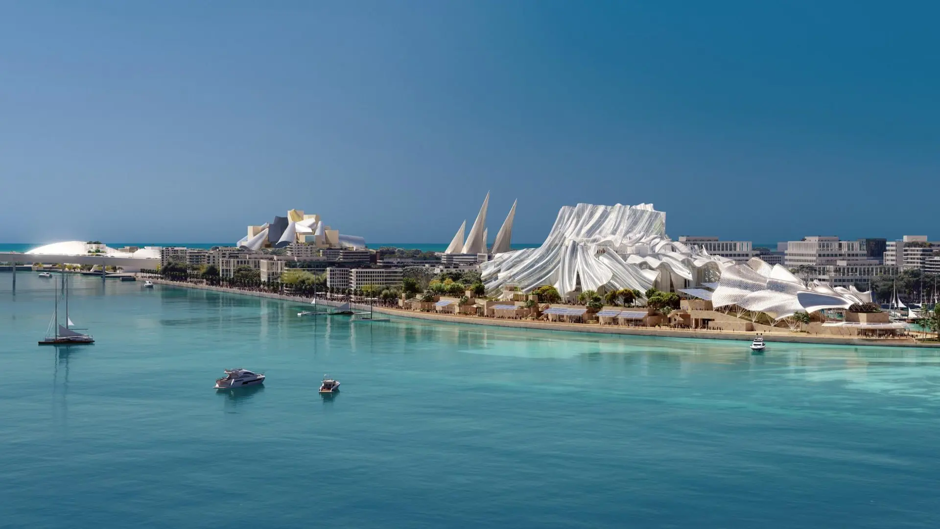 Marsa Al Saadiyat waterfront looking toward Saadiyat's cultural district museums