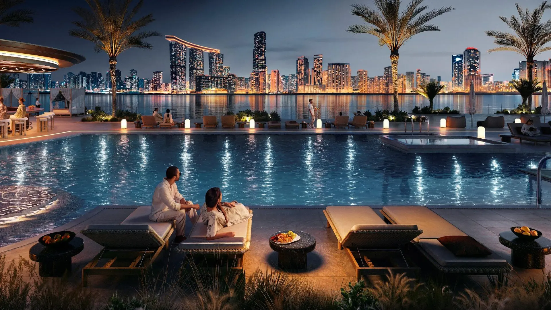 The waterfront wellness club pool at Marsa Al Saadiyat with the Abu Dhabi skyline beyond