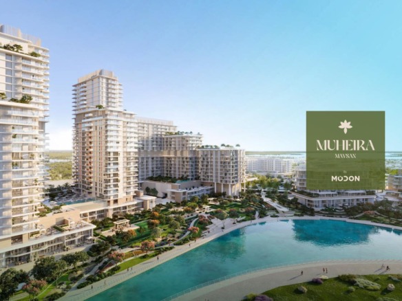 Aerial view of Muheira at Maysan towers above the lagoon in Abu Dhabi