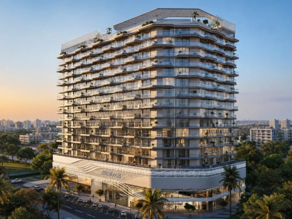 Exterior view of Treppan Vision at Dubailand by Fakhruddin Properties, Dubai Land Residence Complex, Dubai