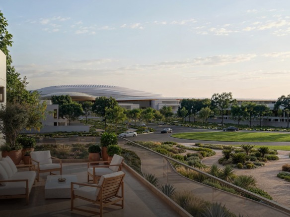 Villa terrace at Wadeem Gardens looking toward the arena, Hudayriyat Island, Abu Dhabi