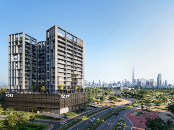 KORE by Imtiaz, Dubailand: tower with the Downtown Dubai skyline