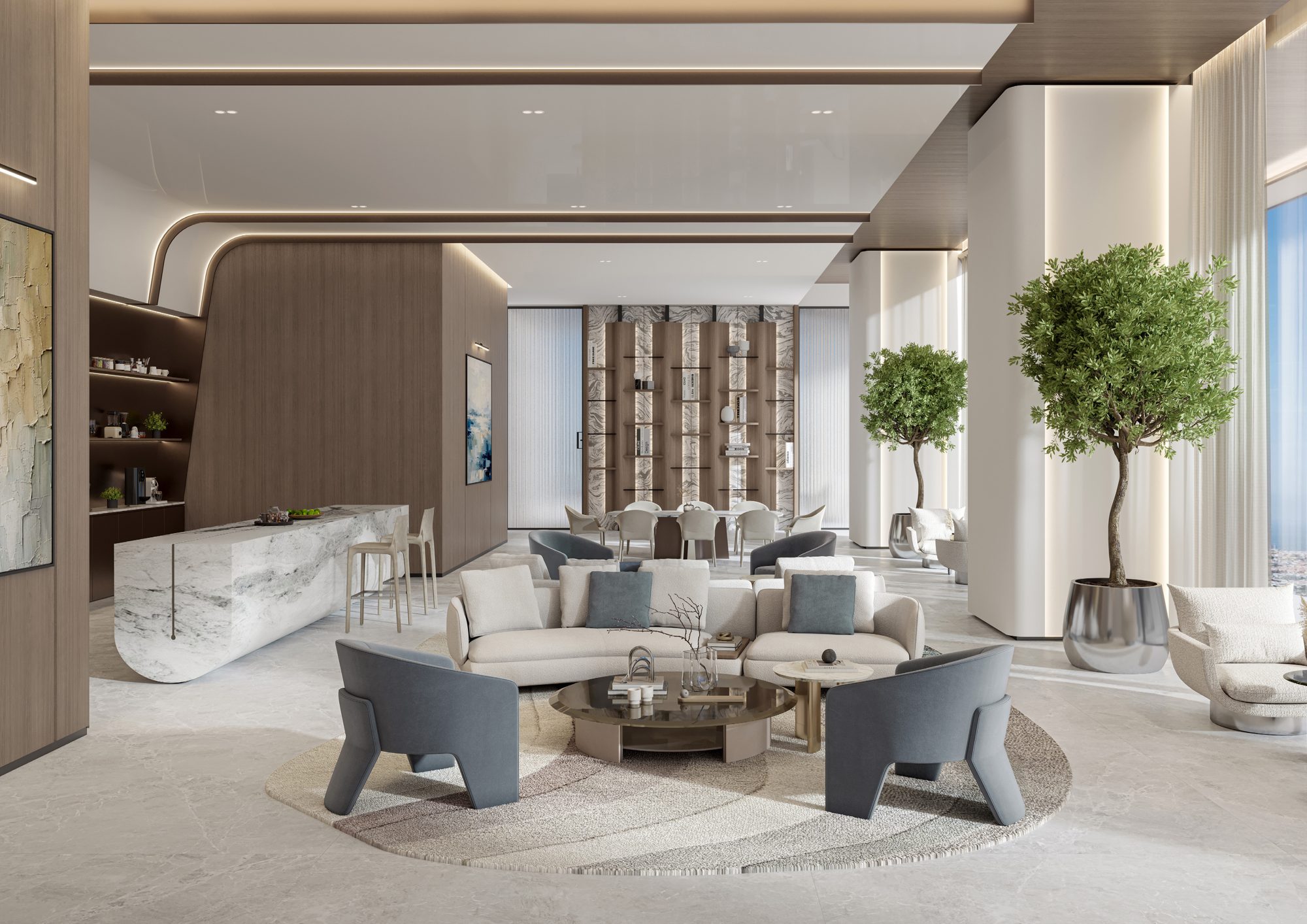 Co-working space with a collaborative table at Berkeley Tower (render)
