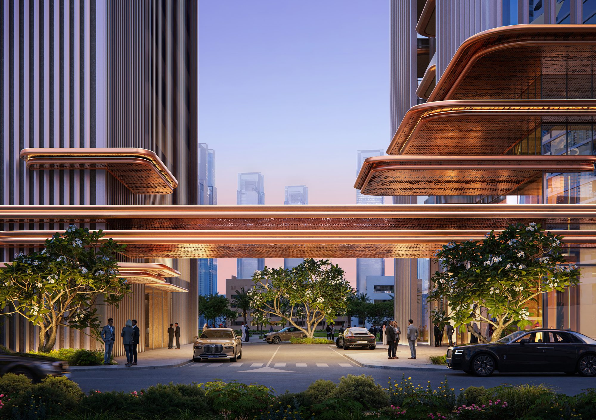Landscaped drop-off and arrival canopy at Berkeley Tower (render)