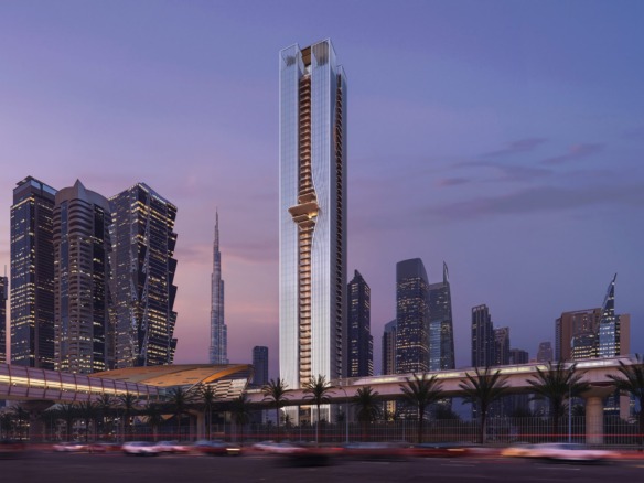 Berkeley Tower at dusk beside the metro line on Sheikh Zayed Road (render)