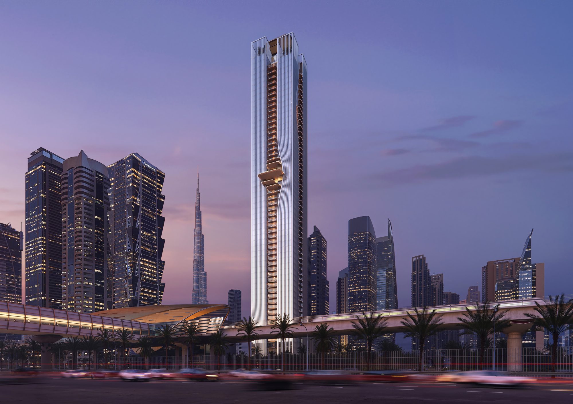 Berkeley Tower at dusk beside the metro line on Sheikh Zayed Road (render)