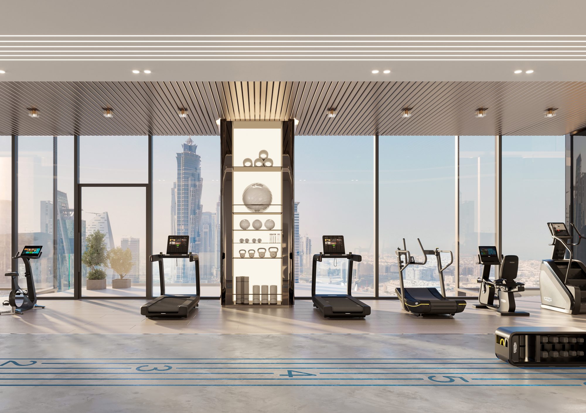 Fitness studio with skyline views at Berkeley Tower (render)