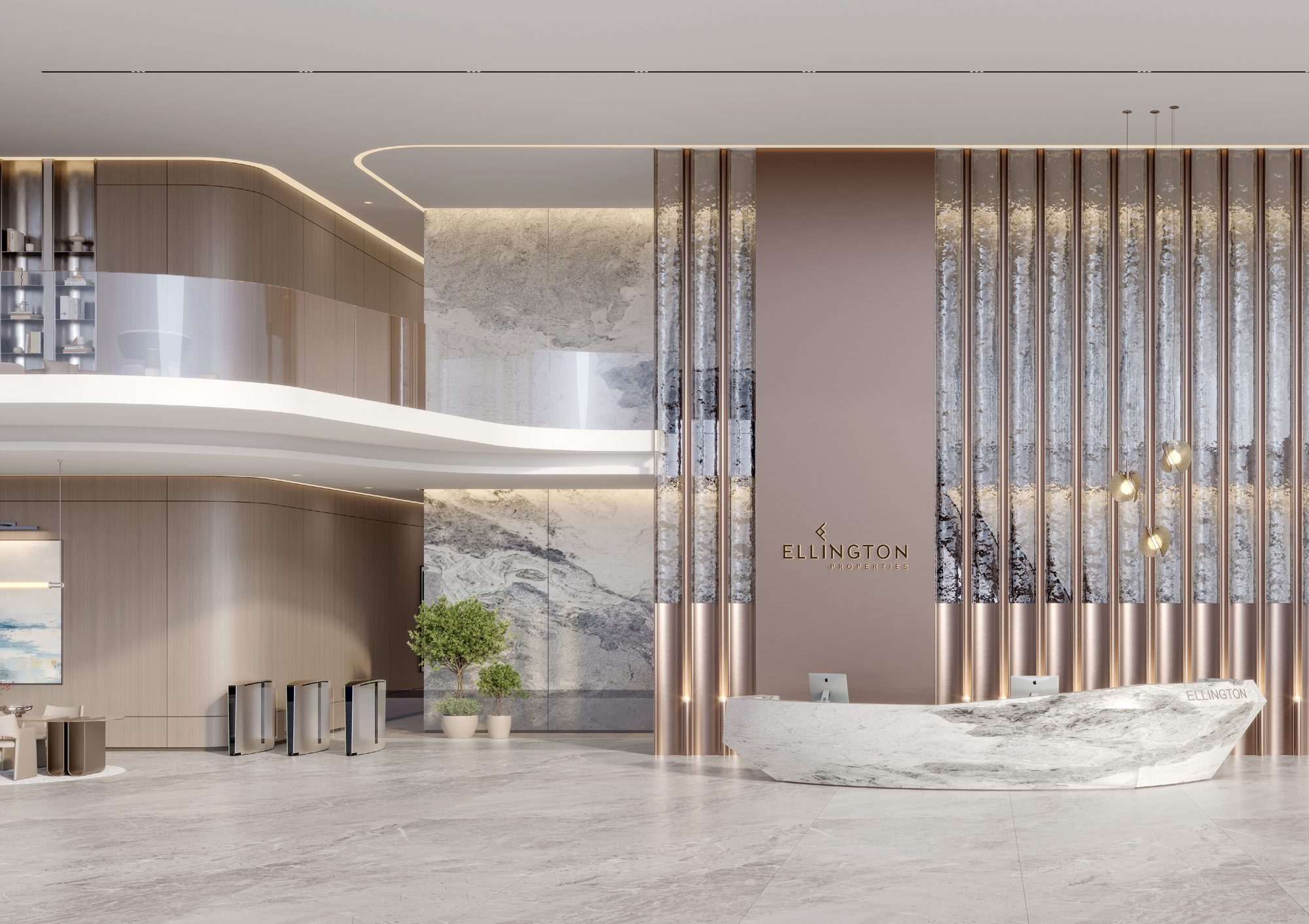 Main lobby with sculptural reception desk at Berkeley Tower (render)