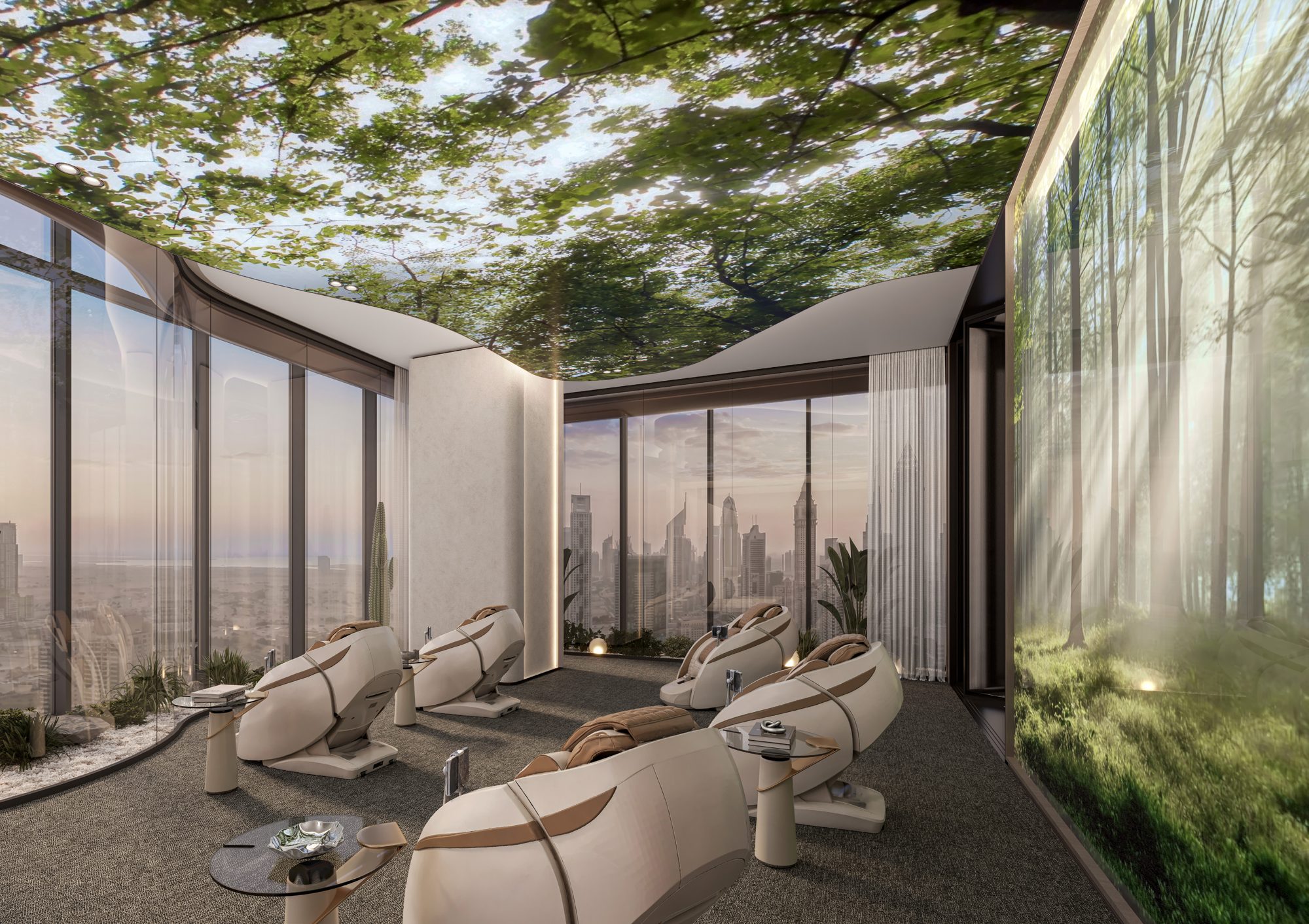 Rest and recharge room with massage chairs at Berkeley Tower (render)