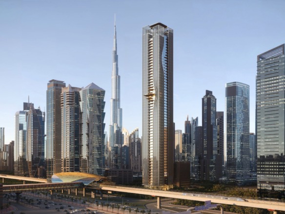 Berkeley Tower by Ellington on Sheikh Zayed Road with Burj Khalifa and the Business Bay metro station (render)