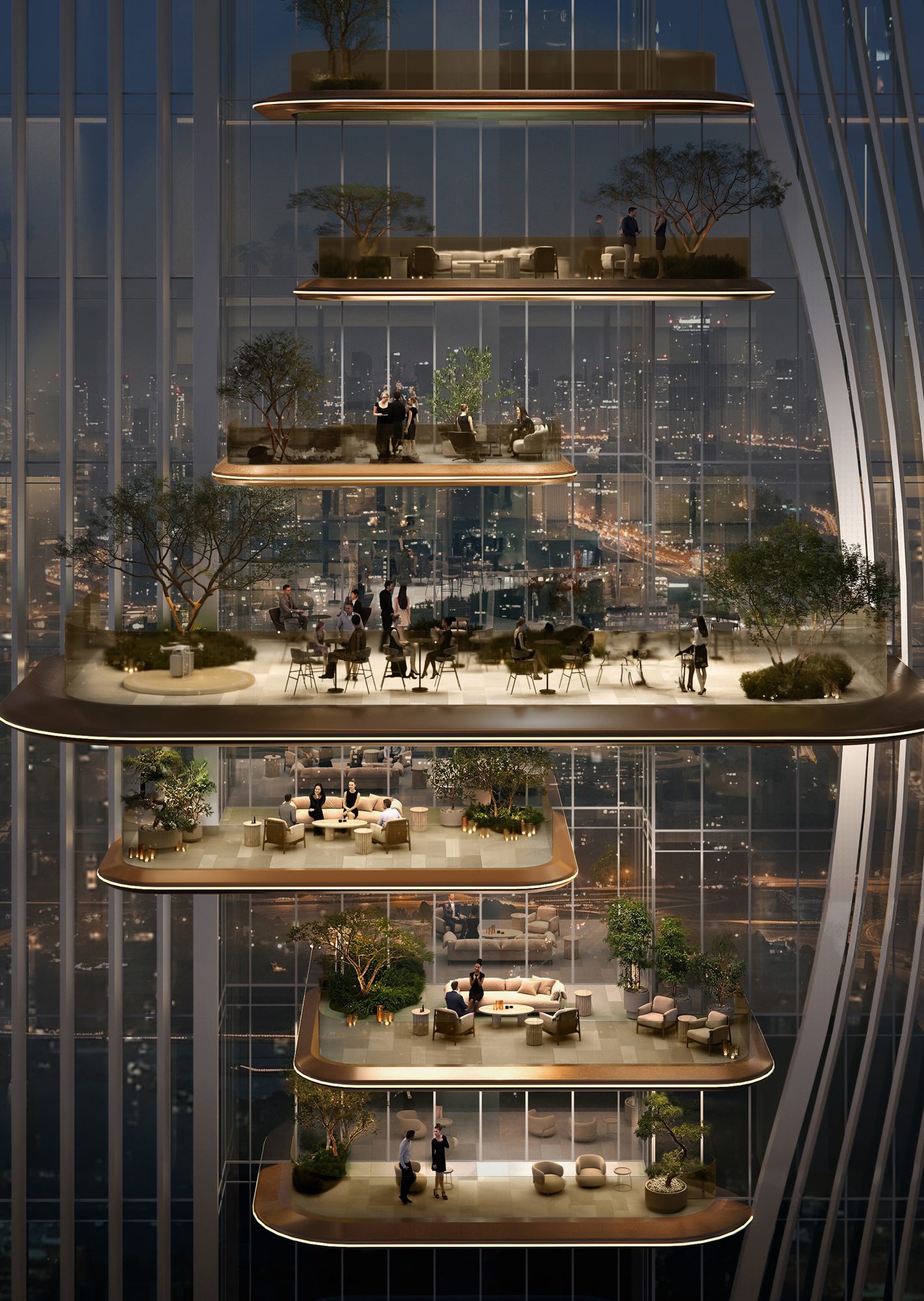 Landscaped sky terraces woven through the Berkeley Tower facade (render)