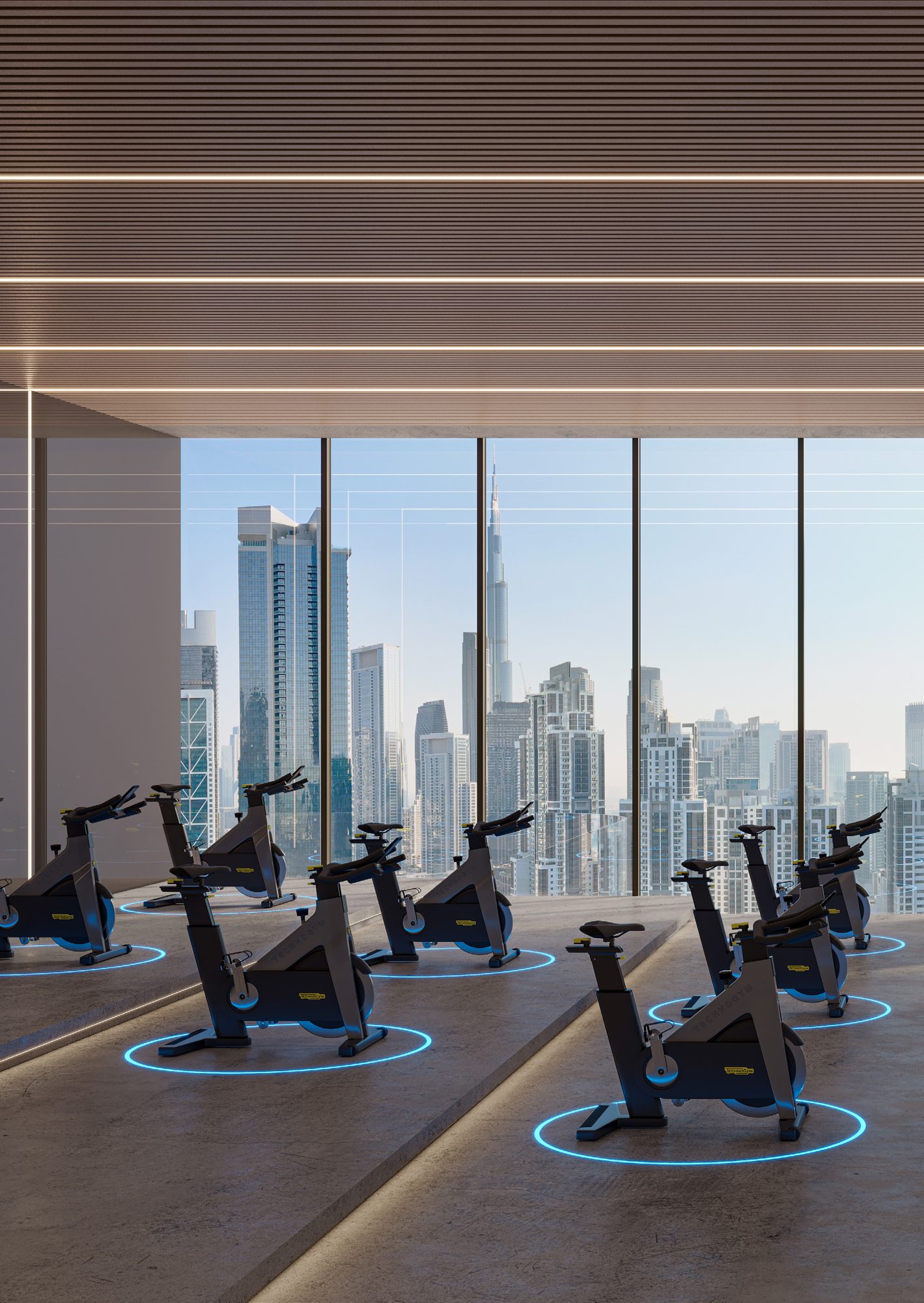 Spinning studio with floor-to-ceiling windows at Berkeley Tower (render)