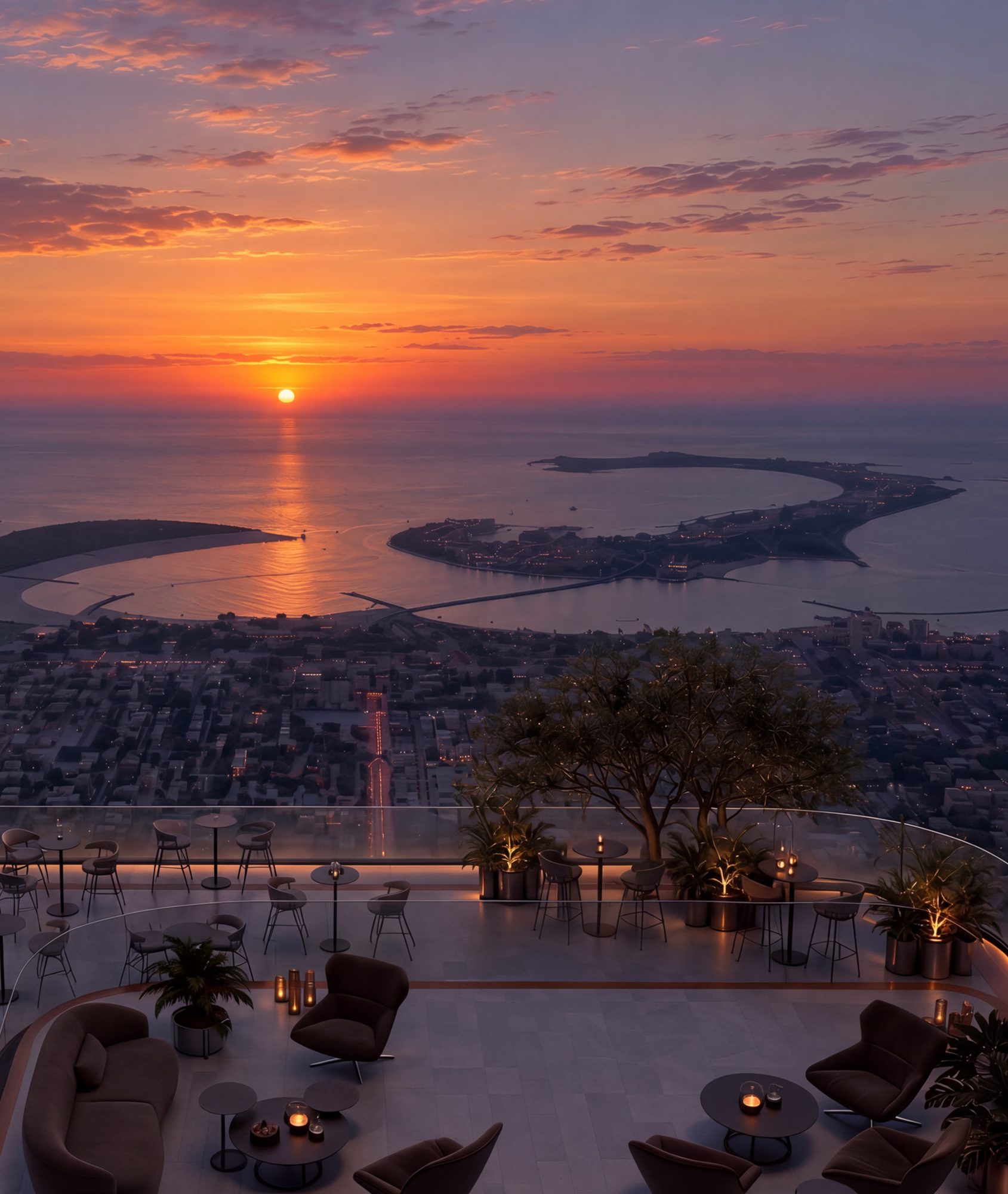 Terrace at Berkeley Tower with sunset views over the sea and Palm Jumeirah (render)