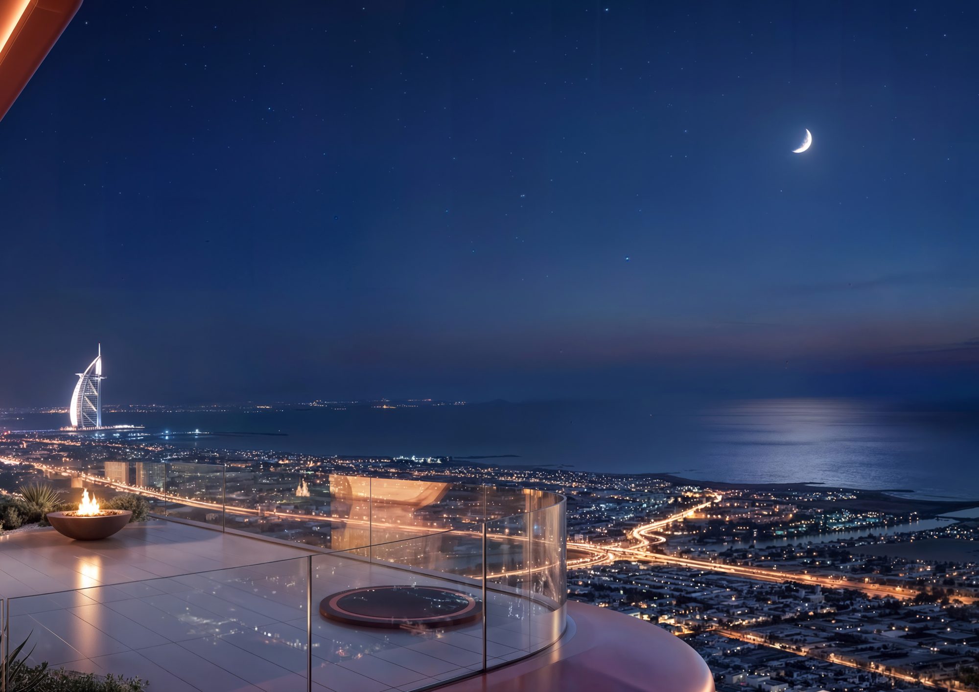 Terrace view at night towards Burj Al Arab from Berkeley Tower (render)