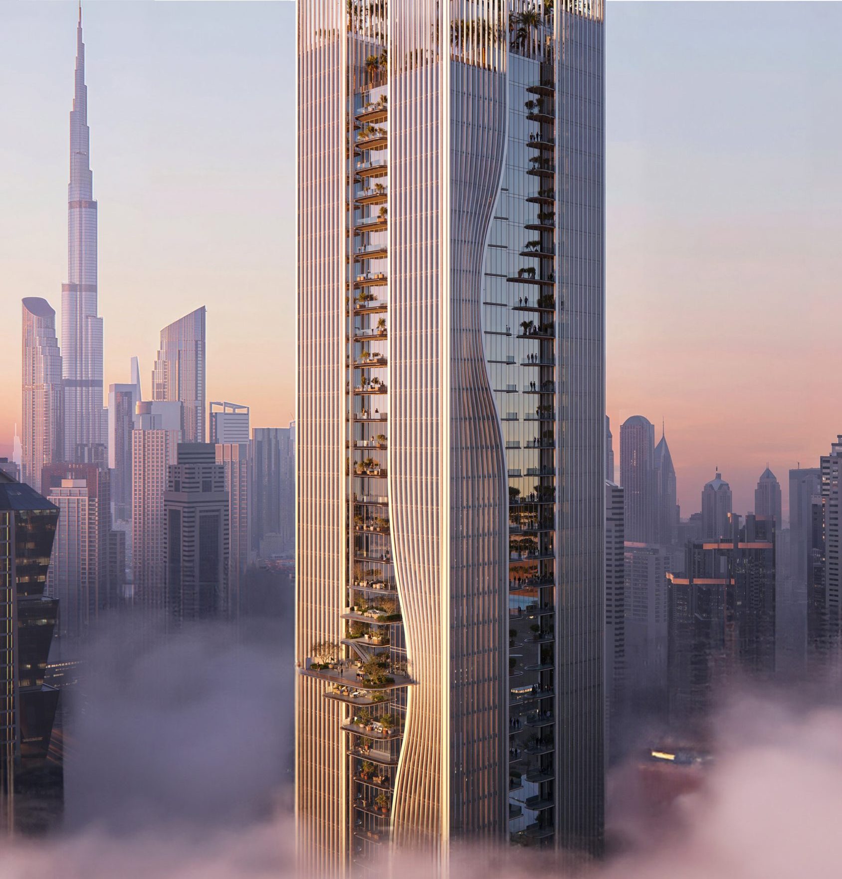 Berkeley Tower rising above Downtown Dubai and Business Bay (render)