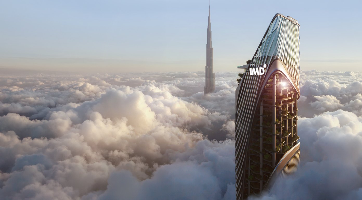 Burj Khalifa'nın yanında bulutların üzerinde yükselen LMD imzalı Christian A. Rockefeller Business Tower (görselleştirme)