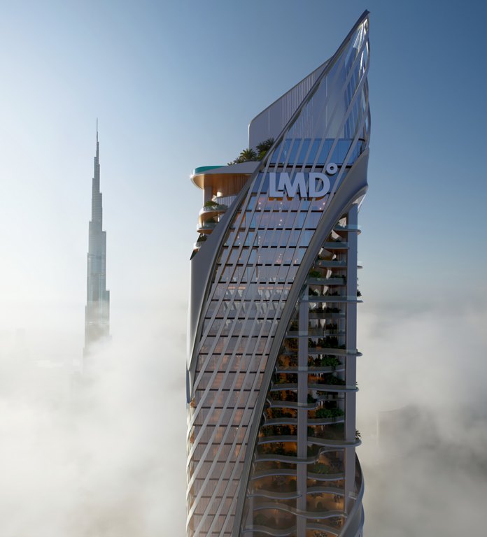 Twisting facade of Christian A. Rockefeller Business Tower in morning fog (render)