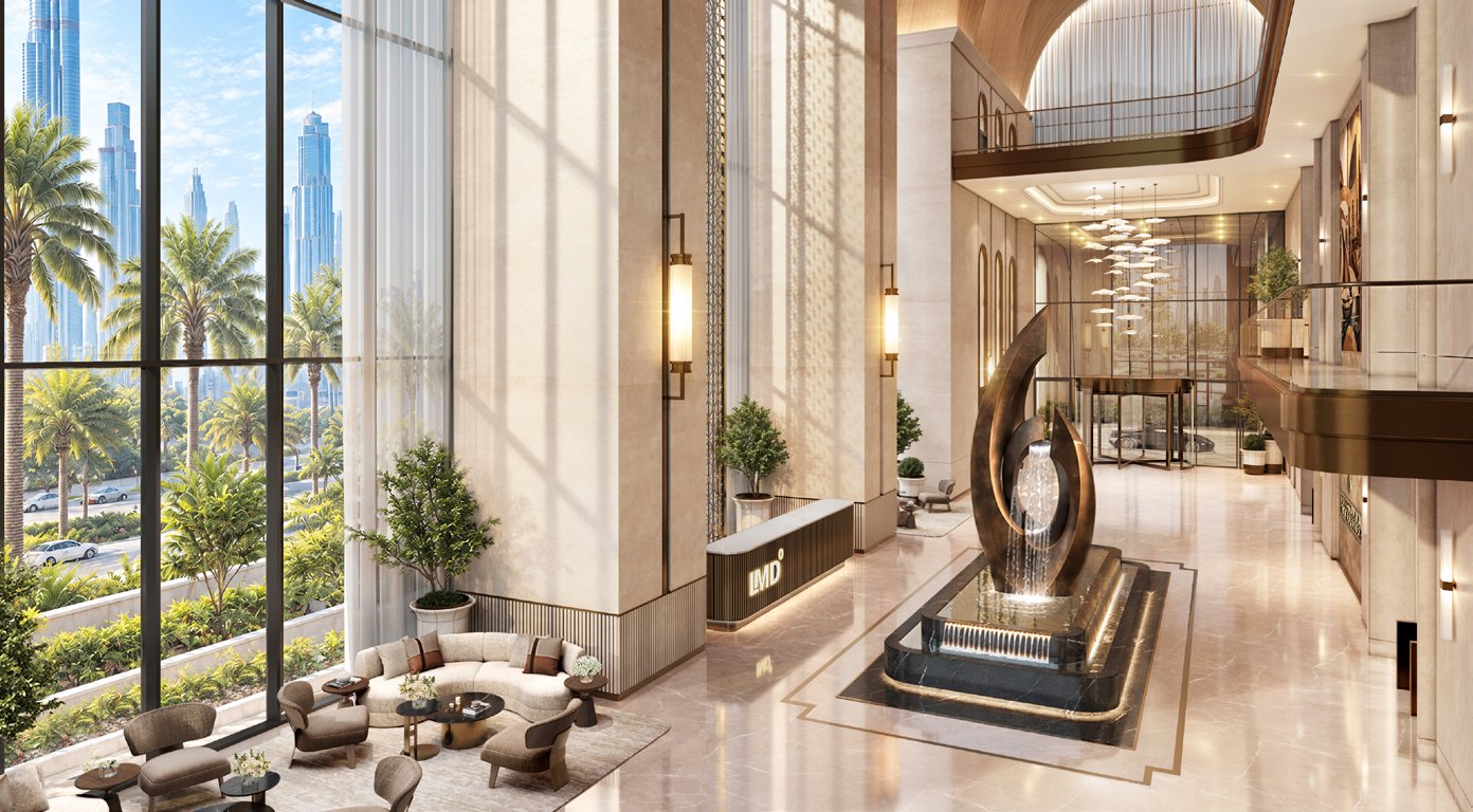 Double-height lobby of Christian A. Rockefeller Business Tower (render)