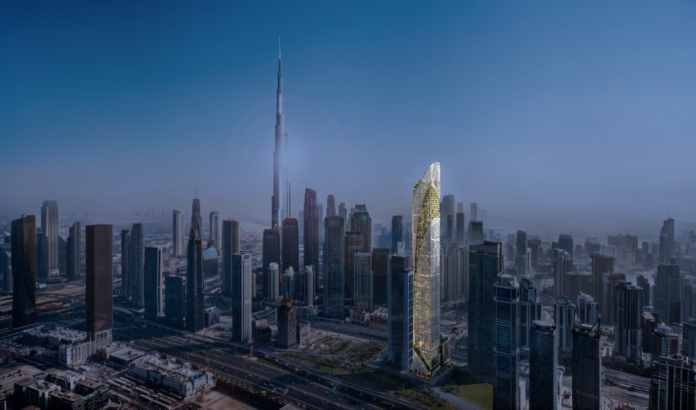 Aerial view of the Christian A. Rockefeller Business Tower site on Sheikh Zayed Road between Downtown, DIFC and Business Bay (render)