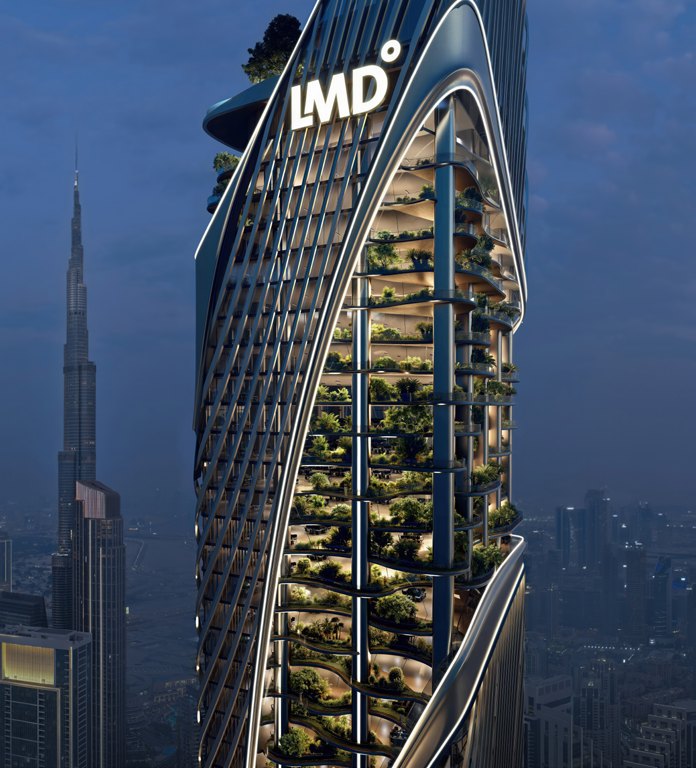 Christian A. Rockefeller Business Tower at dusk, showing its sky gardens (render)