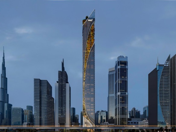 Christian A. Rockefeller Business Tower on Sheikh Zayed Road, Dubai, with Burj Khalifa on the left (render)