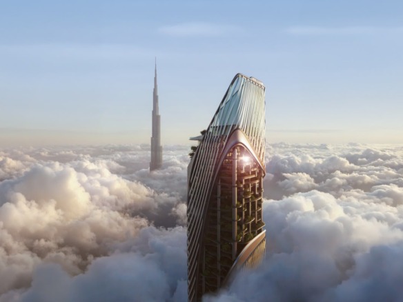Christian A. Rockefeller Tower render rising above the clouds in Business Bay with Burj Khalifa behind