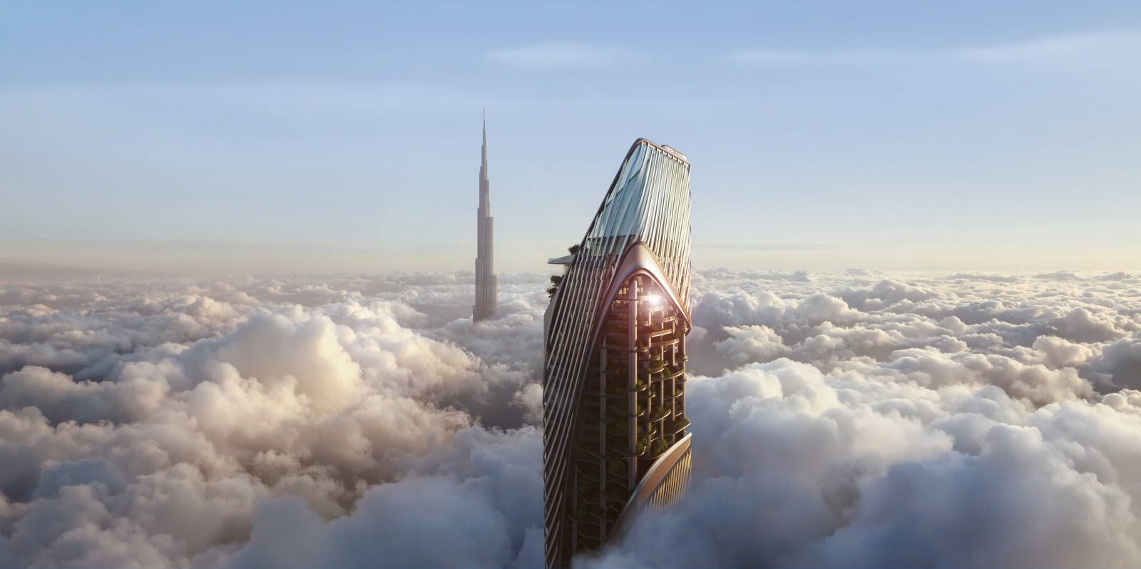 Christian A. Rockefeller Tower render: a supertall tower in Business Bay rising above the clouds, with Burj Khalifa behind