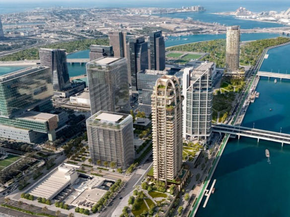 Aerial view of The Ritz-Carlton Residences tower on Al Maryah Island waterfront, Abu Dhabi